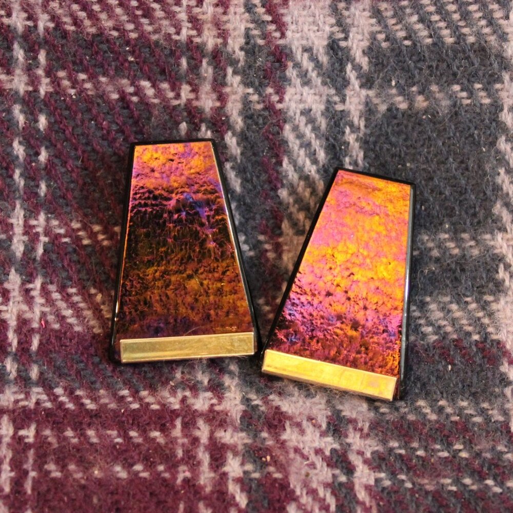 Fused Dichroic Glass Artisan Purple Bronze Pierced Earrings